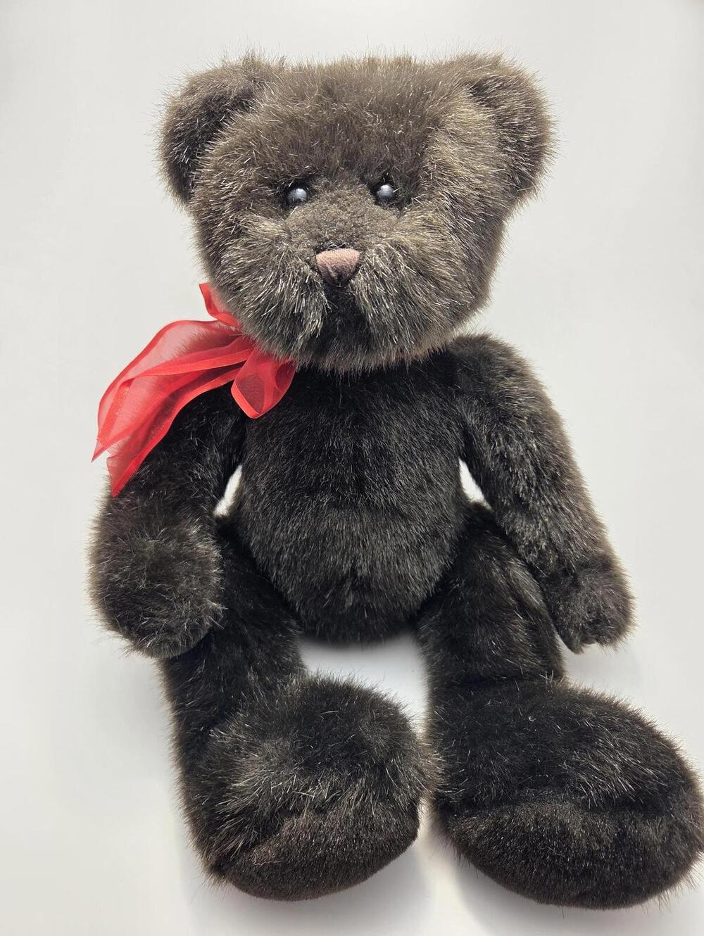 Gund Dark Brown Teddy Bear! Vintage Bear Plush (14 inch) Red Bow